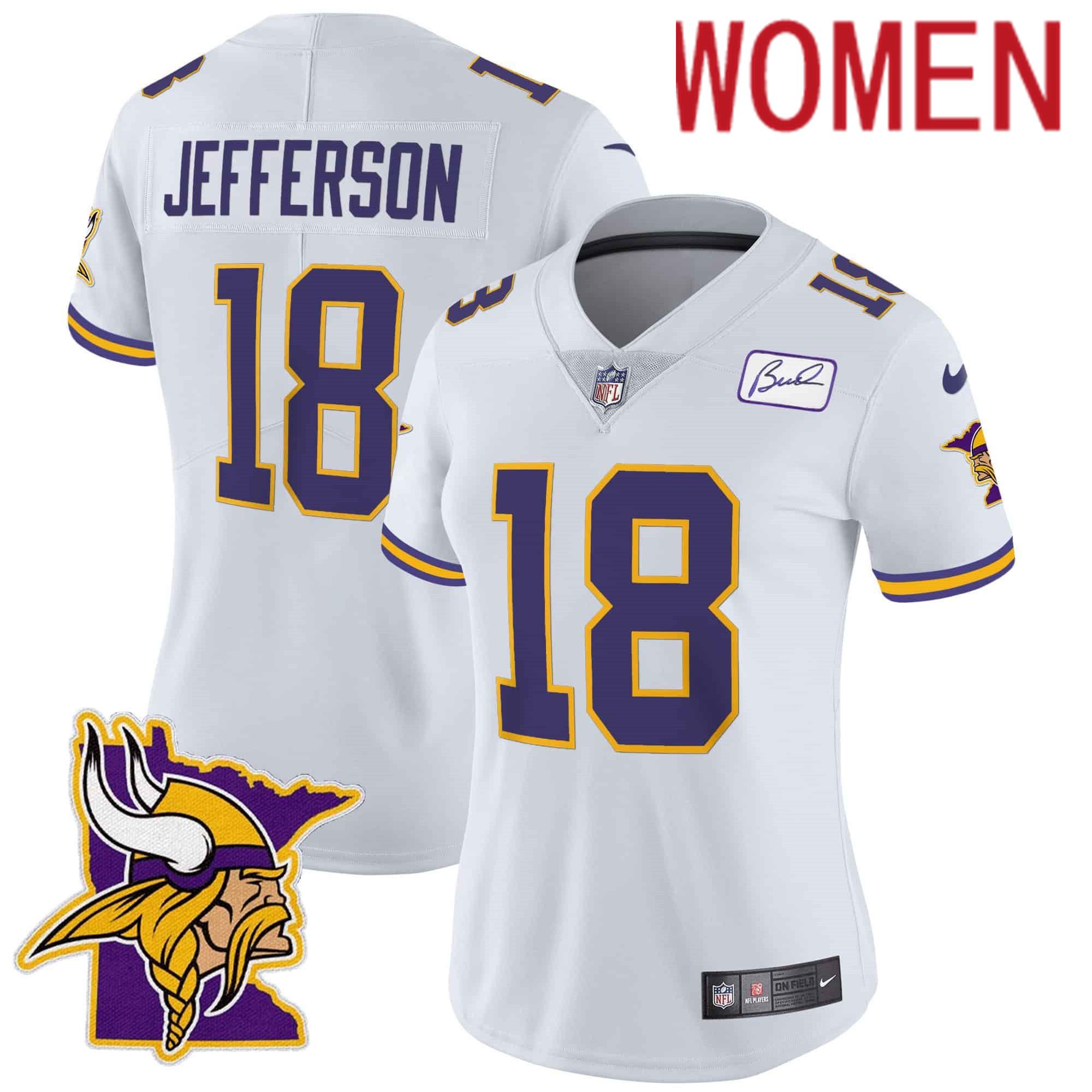 Women Minnesota Vikings 18 Jefferson White 2024 Nike Patch Classic Limited NFL Jersey